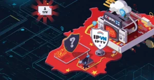 Uma ilustração de um cadeado sobre um ecrã a exibir IPTV, simbolizando o uso de IPTV com VPN em Portugal