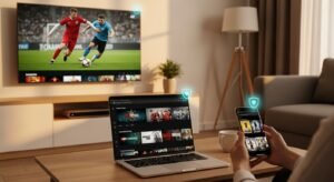 Imagem de uma sala de estar com uma Smart TV, portátil e smartphone a usar IPTV, todos protegidos com um ícone de escudo de VPN, simbolizando as melhores VPNs para múltiplos dispositivos.

