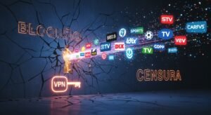 Arte conceptual de uma VPN a quebrar um muro digital que representa os bloqueios geográficos e de DNS, permitindo o acesso a conteúdo IPTV internacional.