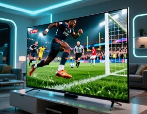 Close-up of a football match broadcast in stunning 4K quality on a Smart TV, detailed grass texture, sharp players motion, IPTV streaming concept, futuristic sports viewing experience, ultra-realistic, high contrast, professional sports photography style, 16:9, no text, no watermark