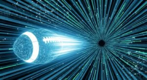 Imagem abstrata de uma bola de futebol digital a viajar através de um túnel de luz, simbolizando uma conexão de internet rápida e estável para streaming de IPTV sem travamentos.