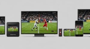 Uma comparação de vários dispositivos, incluindo uma Android Box, Smart TV e Fire Stick, todos a transmitir um jogo de futebol com imagem de alta qualidade via IPTV.