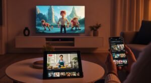 Uma sala de estar moderna com IPTV a funcionar em simultâneo numa Smart TV, tablet e smartphone, demonstrando a compatibilidade total do serviço.