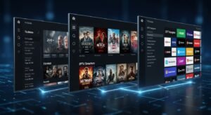 Comparativo visual das interfaces das melhores apps de IPTV para Android TV em Portugal, mostrando diferentes estilos de EPG e bibliotecas de VOD.