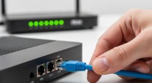 Mão a ligar um cabo de rede Ethernet a uma box de TV, uma das soluções mais eficazes para os erros de buffering de IPTV.