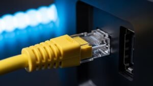 Ligação de cabo de rede Ethernet na parte traseira da TV para garantir estabilidade no IPTV.