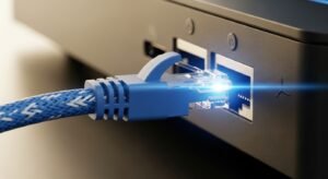 Cabo de rede Ethernet conectado a uma box IPTV para garantir estabilidade e evitar buffering.