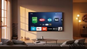 IPTV Android TV em Portugal a mostrar canais portugueses em qualidade HD e 4K numa televisão moderna