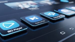 Interface do Samsung Smart Hub mostrando ícones de aplicações de streaming e IPTV.