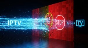 Ilustração de um bloqueio de IPTV, onde um fluxo de dados é interrompido por uma barreira digital com a bandeira de Portugal.