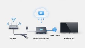 Diagrama a explicar como funciona uma IPTV Android box: ligação do router à box e da box à televisão para aceder a serviços de streaming.