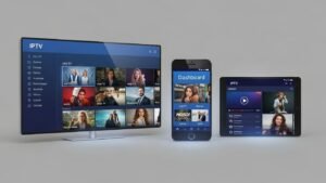 Ilustração conceptual de um escudo de VPN a proteger a ligação de dados de IPTV em Portugal, simbolizando a importância da segurança online.