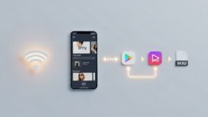 Infográfico passo a passo para configurar IPTV num telemóvel, mostrando os ícones de ligação à internet, uma app de leitor, e uma lista de canais M3U.