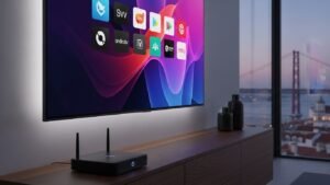 Uma moderna IPTV Android box numa sala de estar em Portugal, com uma televisão a exibir várias aplicações de streaming.