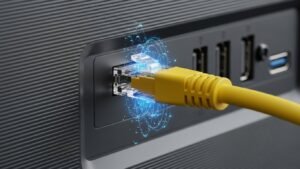 Cabo de rede Ethernet ligado à parte traseira de uma TV LG para garantir estabilidade no IPTV