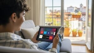 Comparativo visual dos melhores apps de IPTV a funcionar numa Smart TV, smartphone e tablet, mostrando diferentes interfaces e funcionalidades.