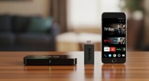 Box Android e Fire TV Stick configurados para rodar as melhores apps iptv gratis portugal.