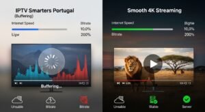 Comparação entre buffering e transmissão estável no IPTV Smarters Portugal