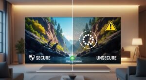 Comparação entre serviço IPTV seguro e serviço IPTV instável com alertas de risco