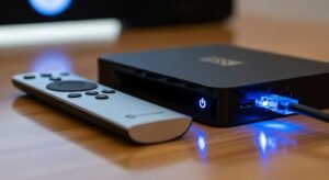 Box Android e cabo de rede demonstrando a melhor configuração IPTV Portugal para evitar buffering.