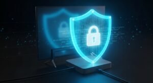 Uma box de IPTV ligada a uma Smart TV, protegida por um escudo digital brilhante e um cadeado, simbolizando o uso de VPN para segurança no IPTV em Portugal.