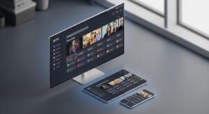 Uma Smart TV, um tablet Android e um smartphone exibindo a mesma interface de aplicação IPTV com categorias de canais portugueses, ilustrando a compatibilidade.