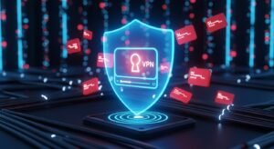 Ilustração conceitual de um escudo VPN protegendo uma ligação de IPTV player contra bloqueios.