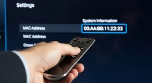 Ecrã de definições de TV mostrando o endereço MAC necessário para ativação da Net IPTV.