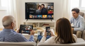 Uma família portuguesa numa sala de estar acolhedora a utilizar a aplicação Smarters IPTV em vários dispositivos: Smart TV, tablet e smartphone, mostrando a versatilidade multi-ecrã.