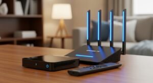Uma Android Box ao lado de um router Wi-Fi moderno, simbolizando a infraestrutura necessária para IPTV sem buffering em Portugal.