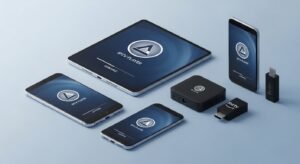 Vários dispositivos (tablet, smartphone, TV box) exibindo a mesma aplicação IPTV player.