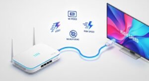 Ilustração 3D mostrando ligação de cabo ethernet entre router e Smart TV para streaming sem paragens.