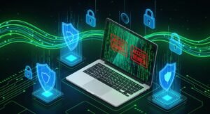 Representação digital de segurança cibernética, escudos e cadeados protegendo dados de navegação ao usar códigos IPTV.