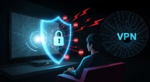 Ilustração conceptual de uma box IPTV protegida por um escudo VPN contra bloqueios e ciberataques.