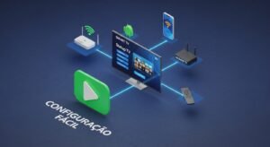 Ilustração 3D isométrica mostrando uma Smart TV rodeada por ícones de WiFi, smartphone e box Android, simbolizando a facilidade de configuração de IPTV grátis.