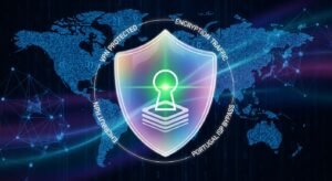 Uma ilustração conceitual de um escudo digital brilhante protegendo fluxos de dados, simbolizando o uso de VPN para privacidade ao usar IPTV em Portugal.