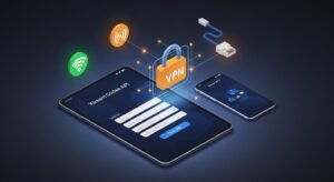 Ilustração 3D conceitual mostrando a configuração da API Xtream Codes na aplicação Smarters IPTV num tablet, rodeado por ícones de segurança VPN e conectividade WiFi.