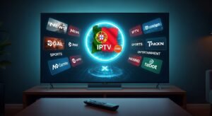 Um ecrã de televisão moderno exibe um menu de streaming vibrante com a bandeira de Portugal e o logótipo "IPTV" brilhante, representando o acesso a canais portugueses gratuitos.