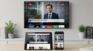 Uma montagem fotográfica mostrando uma Smart TV, um tablet Android e um smartphone iPhone, todos transmitindo simultaneamente o mesmo canal de notícias português de forma legal.