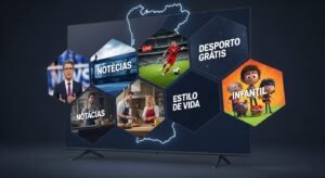Uma Smart TV a exibir uma colagem de diferentes tipos de conteúdo gratuito e legal em Portugal, incluindo notícias, desporto, culinária e desenhos animados.