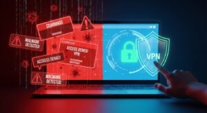 Um ecrã de computador obscurecido e bloqueado com um aviso de malware "Acesso Negado", contrastando com um cadeado verde brilhante e um escudo simbolizando a segurança da VPN.