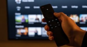 Mão segurando controle remoto configurando um aplicativo IPTV Stream Player na Smart TV