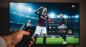 Visão aproximada de um jogo de futebol vibrante numa TV 4K com um overlay de iptv app mostrando estatísticas e o logótipo 4K HDR, e uma mão segurando um comando.