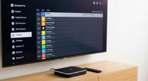 Um close-up detalhado de uma TV 4K mostrando um guia de programação EPG organizado por uma iptv app e, ao lado, uma Android TV Box compacta com um comando.