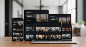 Smartphone, tablet e laptop exibindo a interface de uma lista IPTV, demonstrando a compatibilidade do serviço em diferentes plataformas