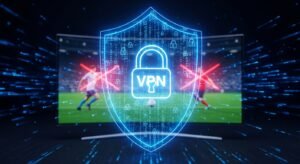 Um escudo digital conceptual com um ícone de cadeado e VPN protegendo um ecrã de TV que transmite futebol contra bloqueios e ameaças cibernéticas.