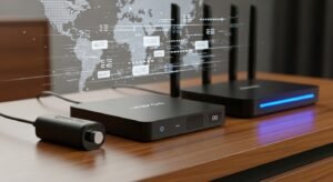Conjunto de dispositivos tecnológicos incluindo um router, uma Android Box e um Fire Stick, representando a infraestrutura necessária para IPTV.