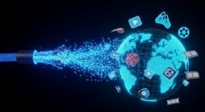 Smartphone, tablet e laptop exibindo a interface de uma lista IPTV, demonstrando a compatibilidade do serviço em diferentes plataformas