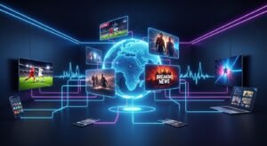 Ilustração digital de um globo conectado a diversos ecrãs de entretenimento, simbolizando o acesso global a conteúdos via internet.