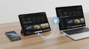 Um smartphone, um tablet e um computador portátil exibindo a mesma lista de reprodução IPTV do GitHub, demonstrando a configuração multi-dispositivo em Portugal.